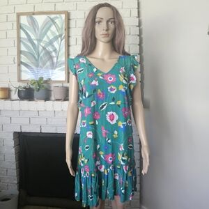 Surkana Dress Green Floral Viscose Ruffles Sleeveless Midi